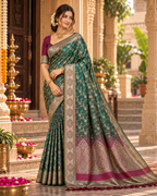 Premium Satin Silk Zari Weaving Border Saree With Unstitched Blouse(Green)