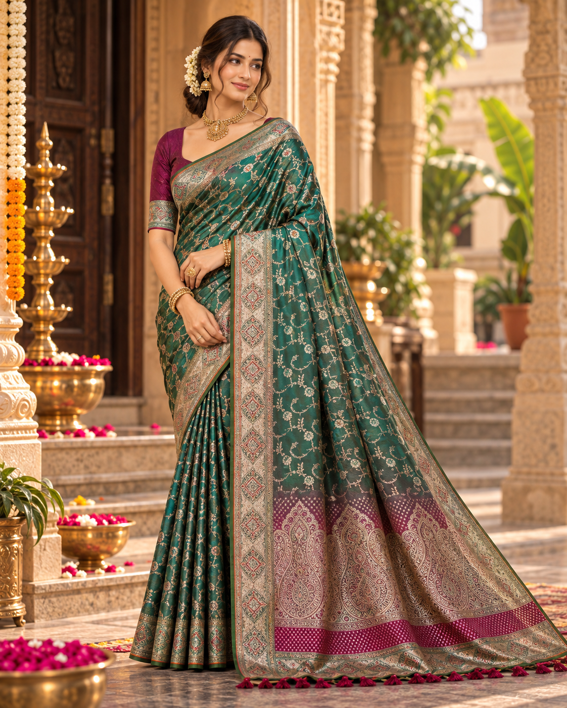 Premium Satin Silk Zari Weaving Border Saree With Unstitched Blouse(Green)