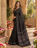 Satin Silk Ajrakh Print Mirror Work Saree With Unsitched Blouse(Black)