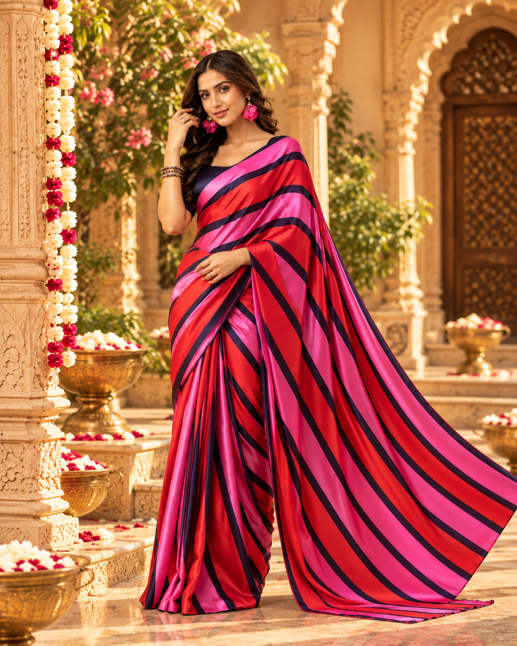 Satin Silk Printed Saree With Unstitched Blouse(Pink)