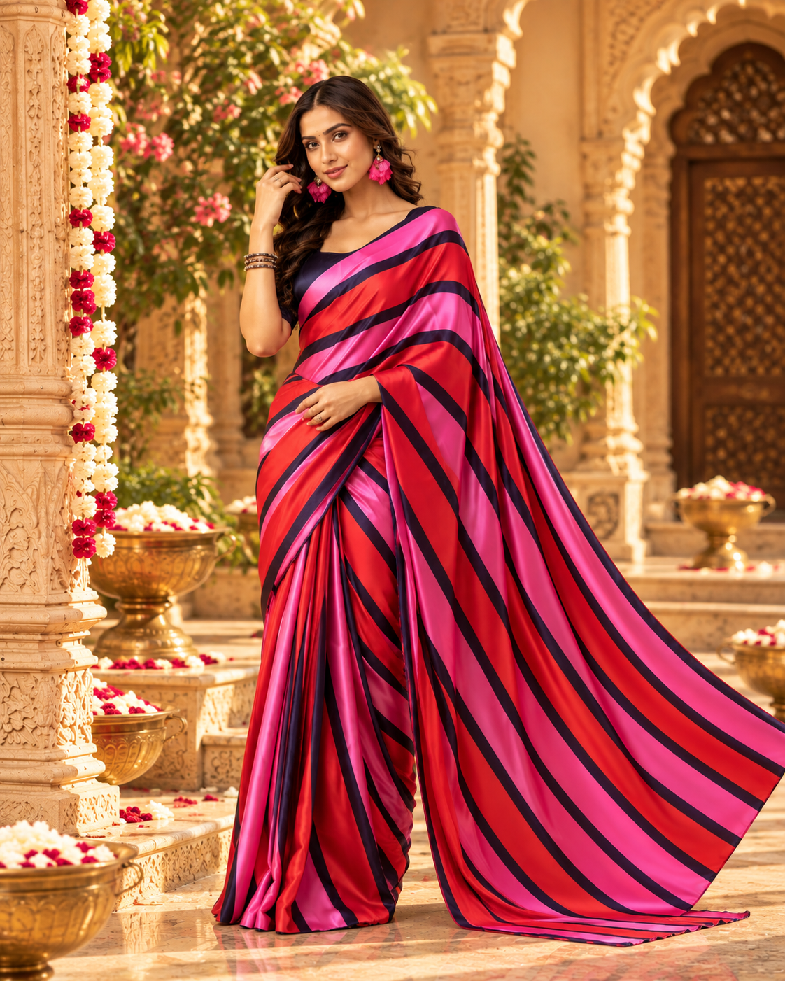 Satin Silk Printed Saree With Unstitched Blouse(Pink)