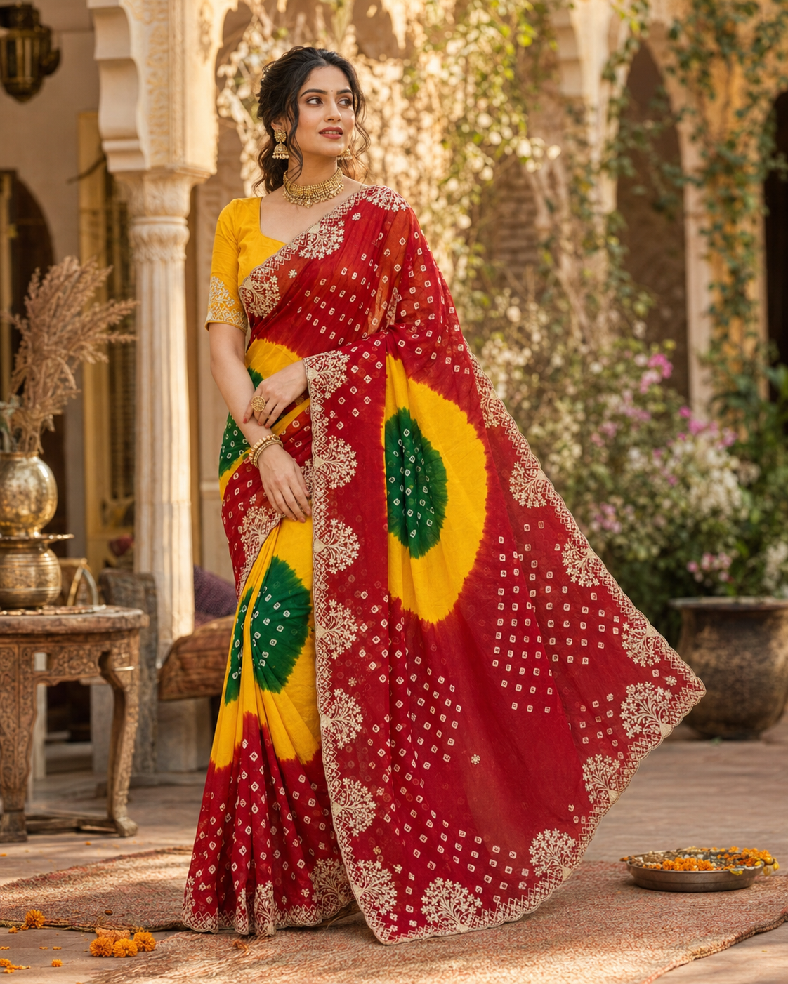 Georgette Bandhani Print Saree With Unstitched Blouse(Red)