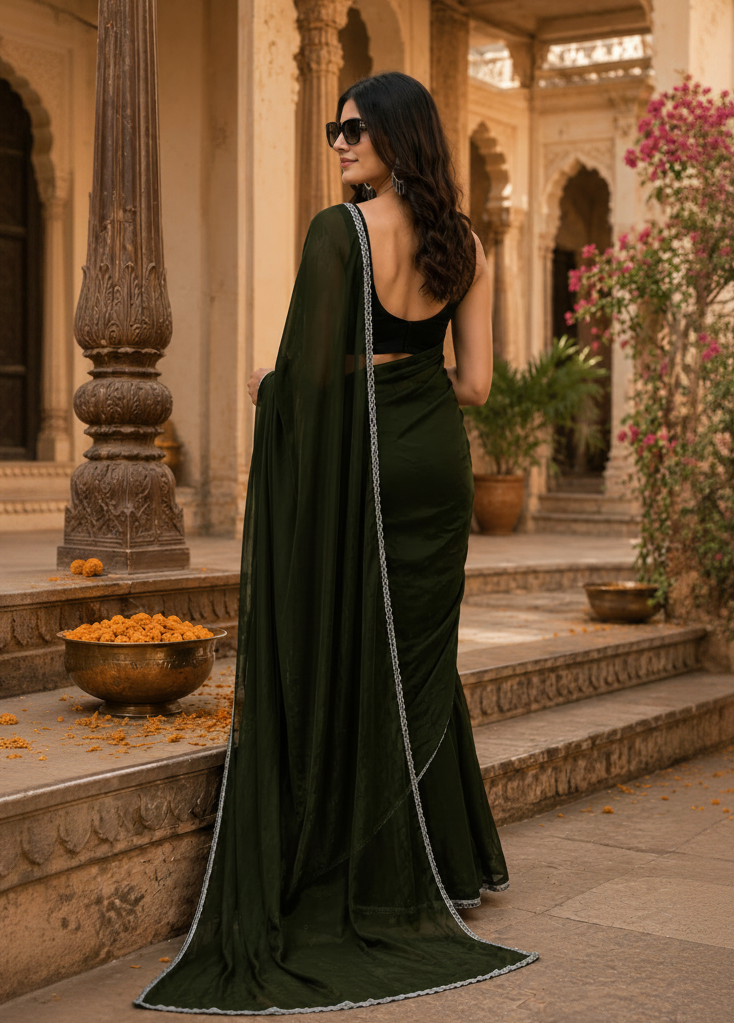 Star Georgette Ready To Wear Saree With Unstitched Blouse(Black)