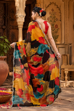 Load image into Gallery viewer, Trendy Multi-Color Abstract Print Georgette Saree with Designer Scalloped Siroshki Border &amp; Unstitched Blouse Piece
