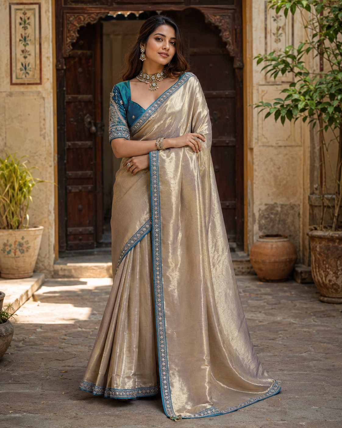 Soft Tissue Silk Sequins Work Saree With Unstitched Blouse(Silver)