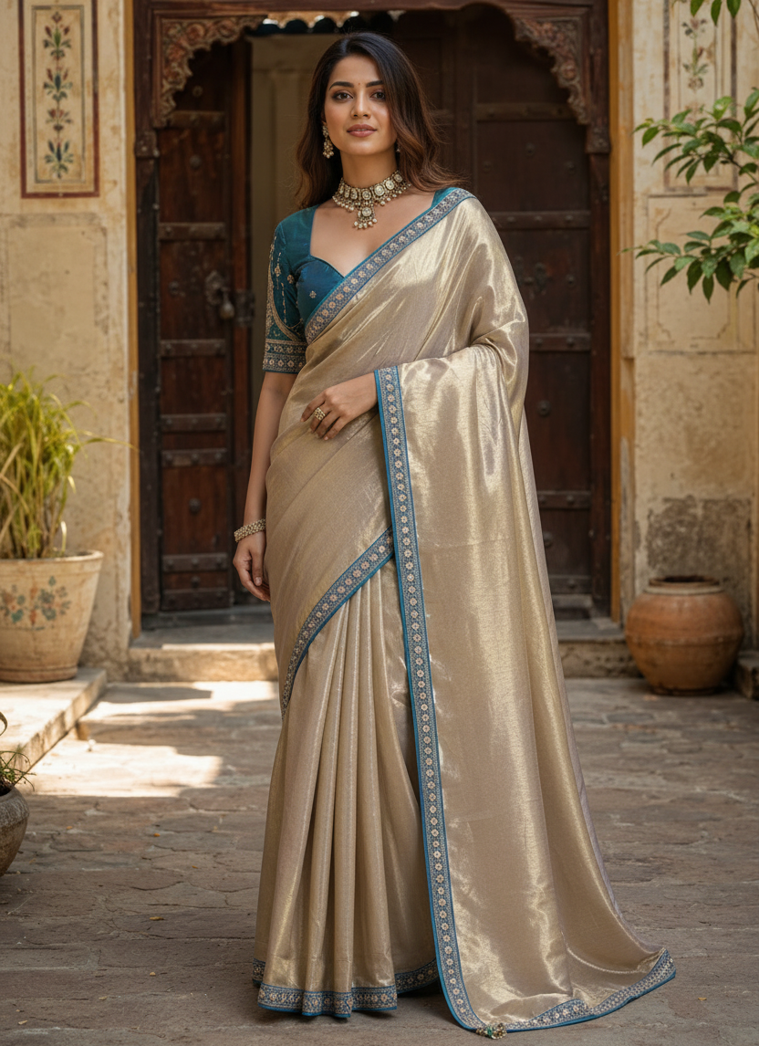 Soft Tissue Silk Sequins Work Saree With Unstitched Blouse(Silver)