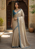 Soft Tissue Silk Sequins Work Saree With Unstitched Blouse(Silver)