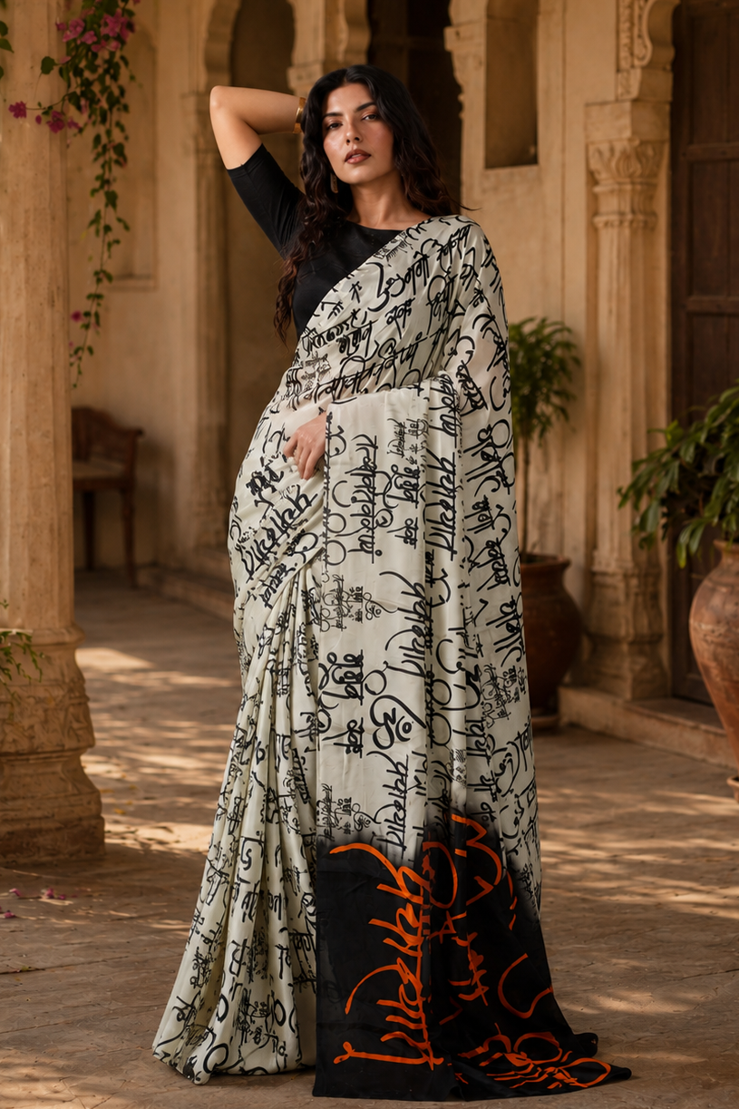 Pure Satin Silk Printed Saree With Unstitched Blouse(White)