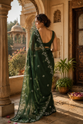 Georgette Embroidery Work Floral Print Saree With Unstitched Blouse(Green)