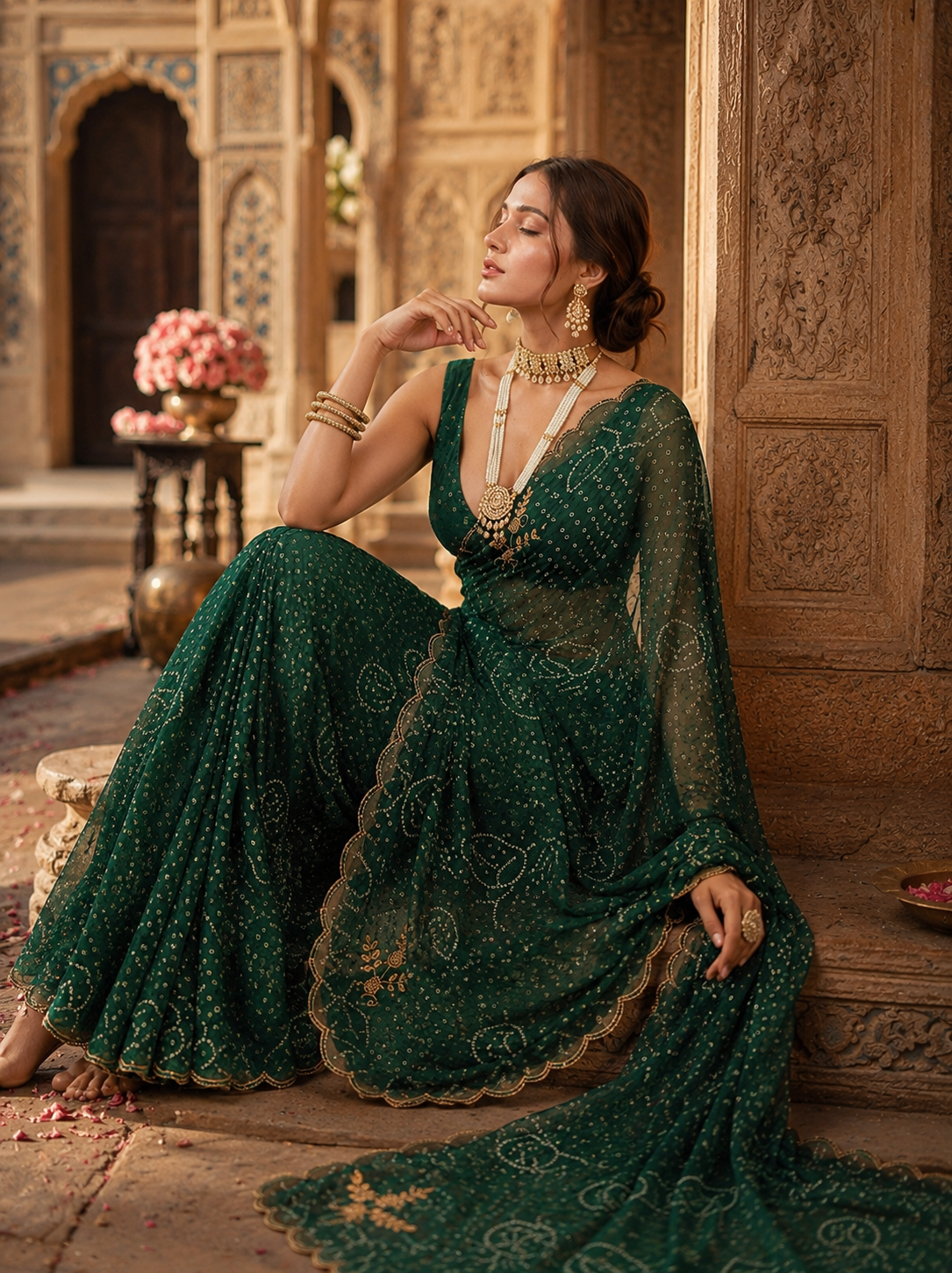 Georgette Hand Work Border Cut Saree With Unstitched Blouse(Green)