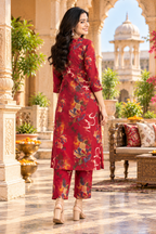 Roman Silk Kurti Pant Set(Red)