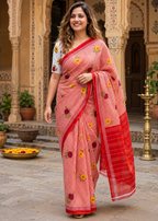 Soft Pure Mulmul Cotton Printed Saree With Unstitched Blouse(Red)
