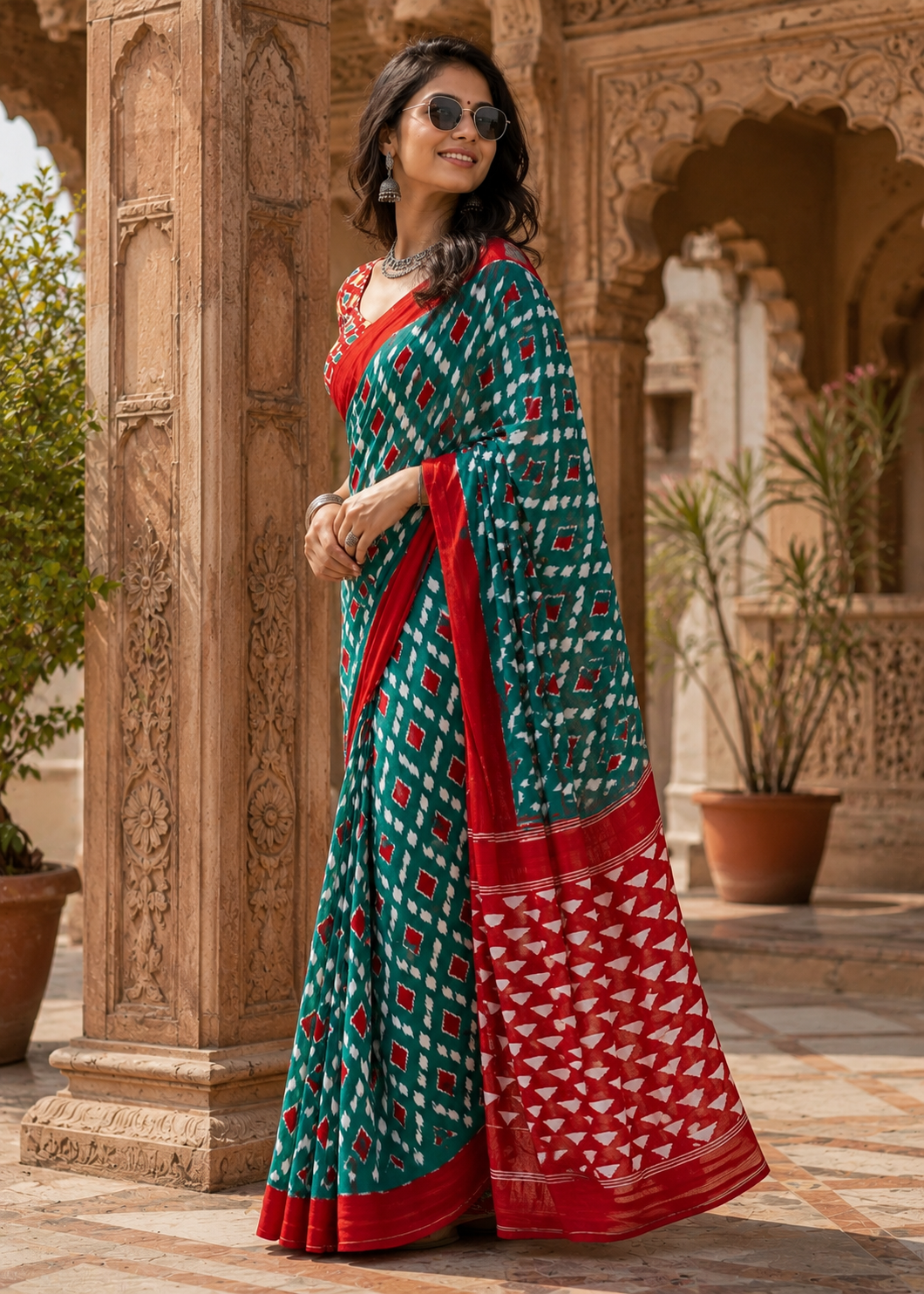 Pure Mulmul Cotton Printed Saree With Unstitched Blouse(Rama)