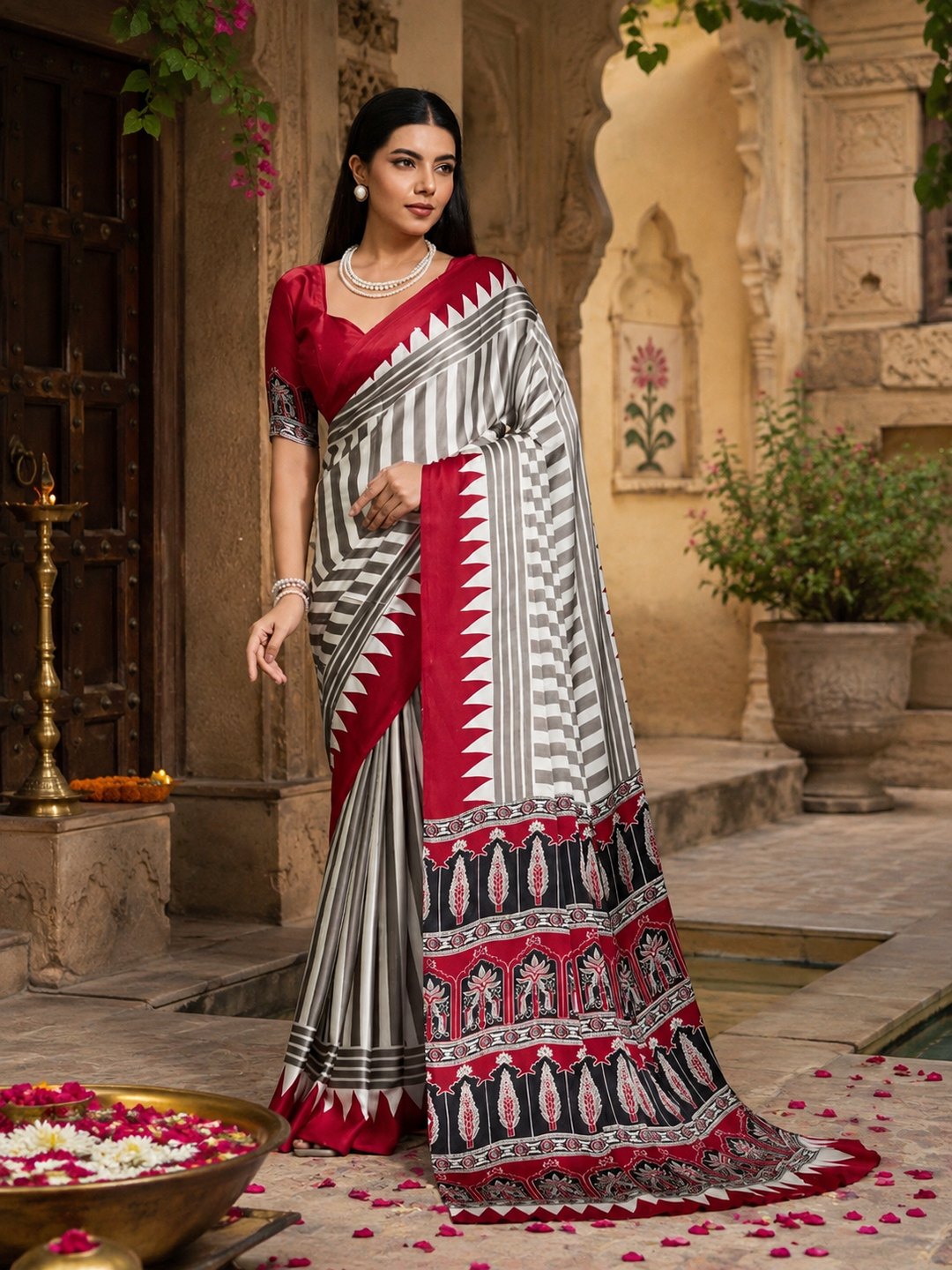 Satin Silk Ajrakh Print Saree with Unstitched Blouse(Red)