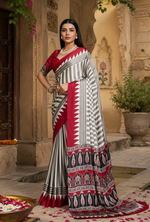 Load image into Gallery viewer, Satin Silk Ajrakh Print Saree with Unstitched Blouse(Red)
