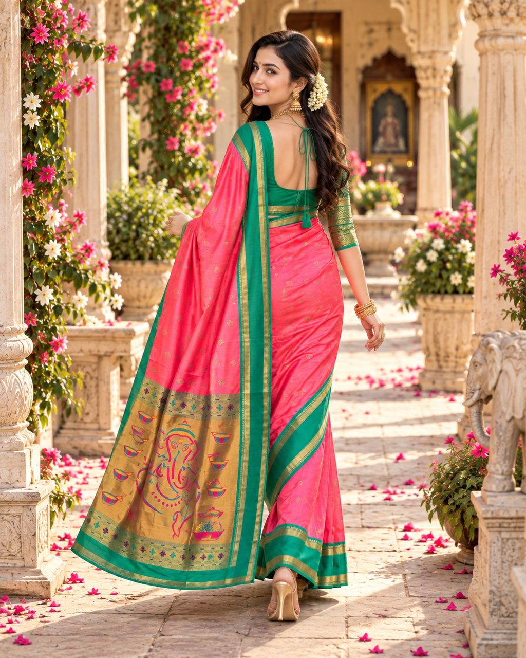Premium Paithani Katan Silk Butti Saree With Zari Border Unstitched Blouse (Pink)
