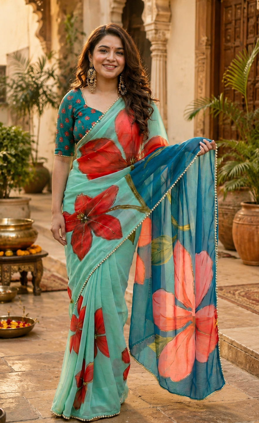 Georgette Digital Printed Saree With Unstitched Blouse(Teal)