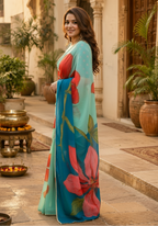 Georgette Digital Printed Saree With Unstitched Blouse(Teal)
