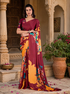Georgette Satin Floral Printed Saree With Unstitched Blouse(Red)