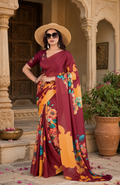 Georgette Satin Floral Printed Saree With Unstitched Blouse(Red)