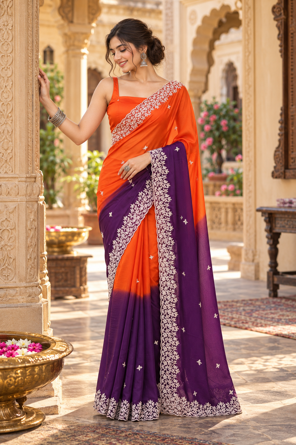 Chinon Silk Embroidery Work Saree With Unstitched Blouse(Violet)