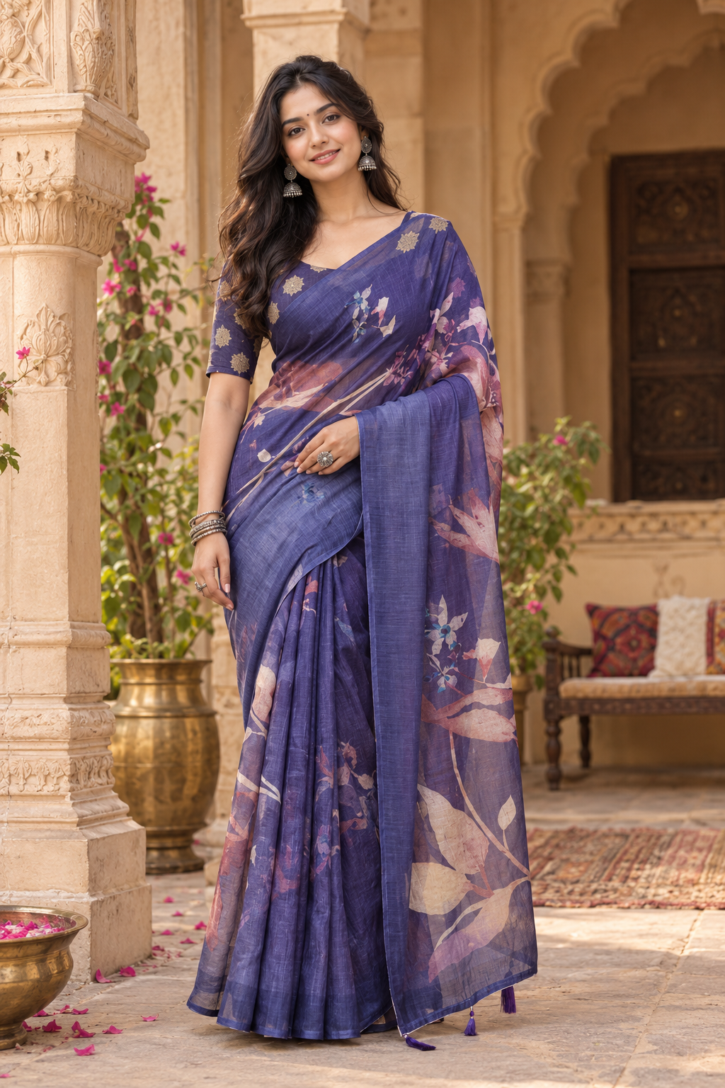 Linen Printed Saree With Unstitched Blouse(Violet)