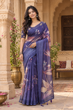Linen Printed Saree With Unstitched Blouse(Violet)