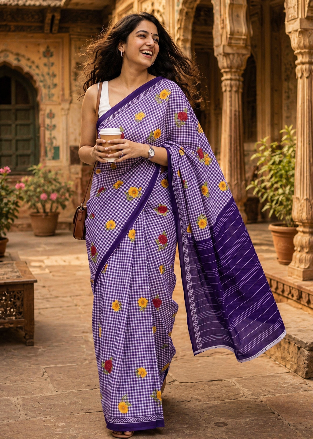 Soft Pure Mulmul Cotton Printed Saree With Unstitched Blouse(Purple)