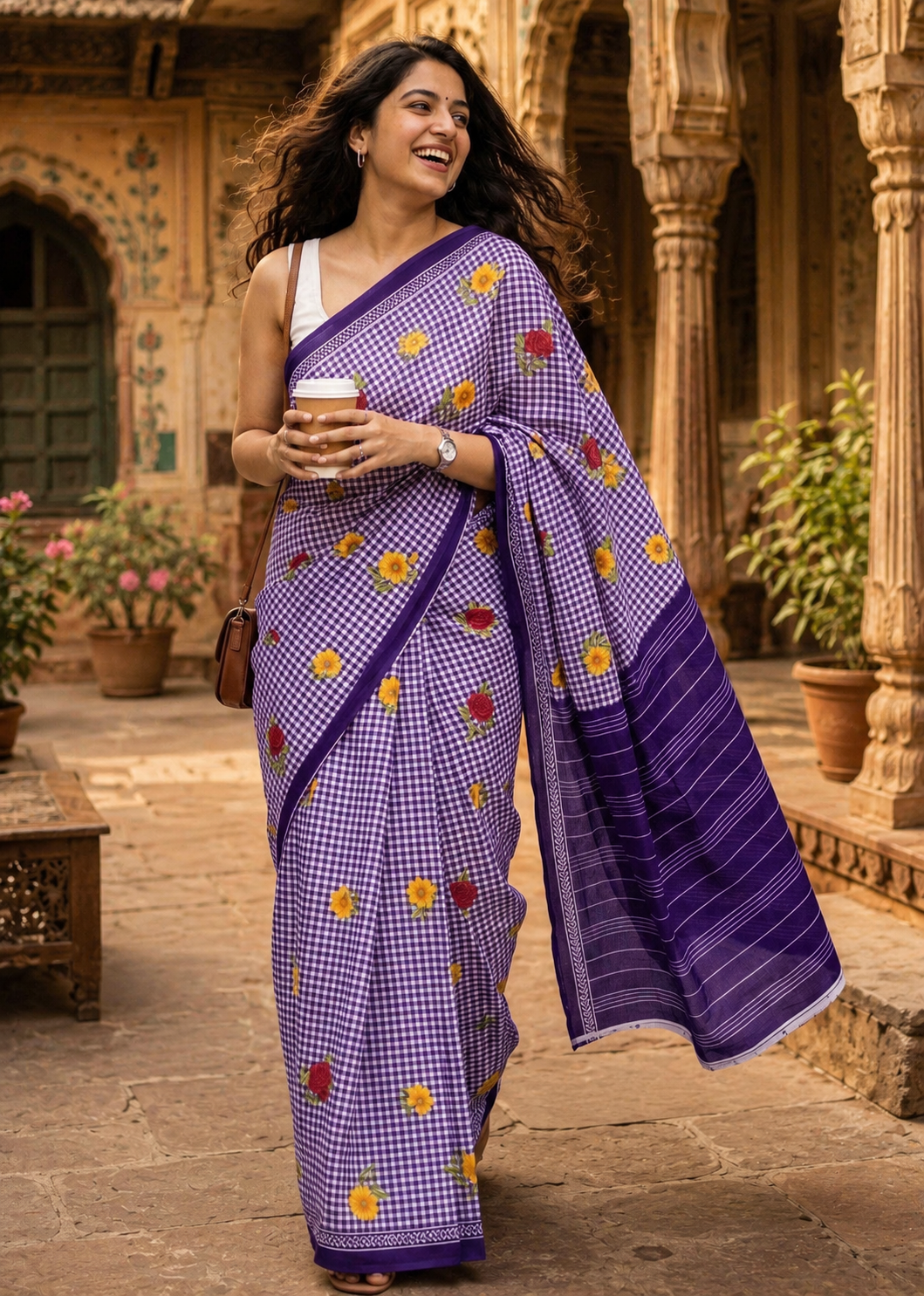 Soft Pure Mulmul Cotton Printed Saree With Unstitched Blouse(Purple)