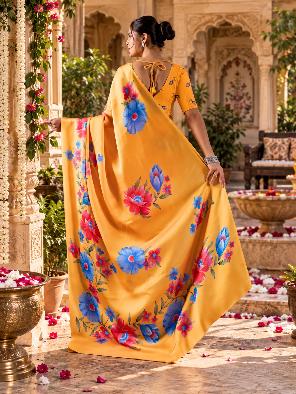 Satin Silk Floral Print Saree With Unstitched Blouse(Mustard)