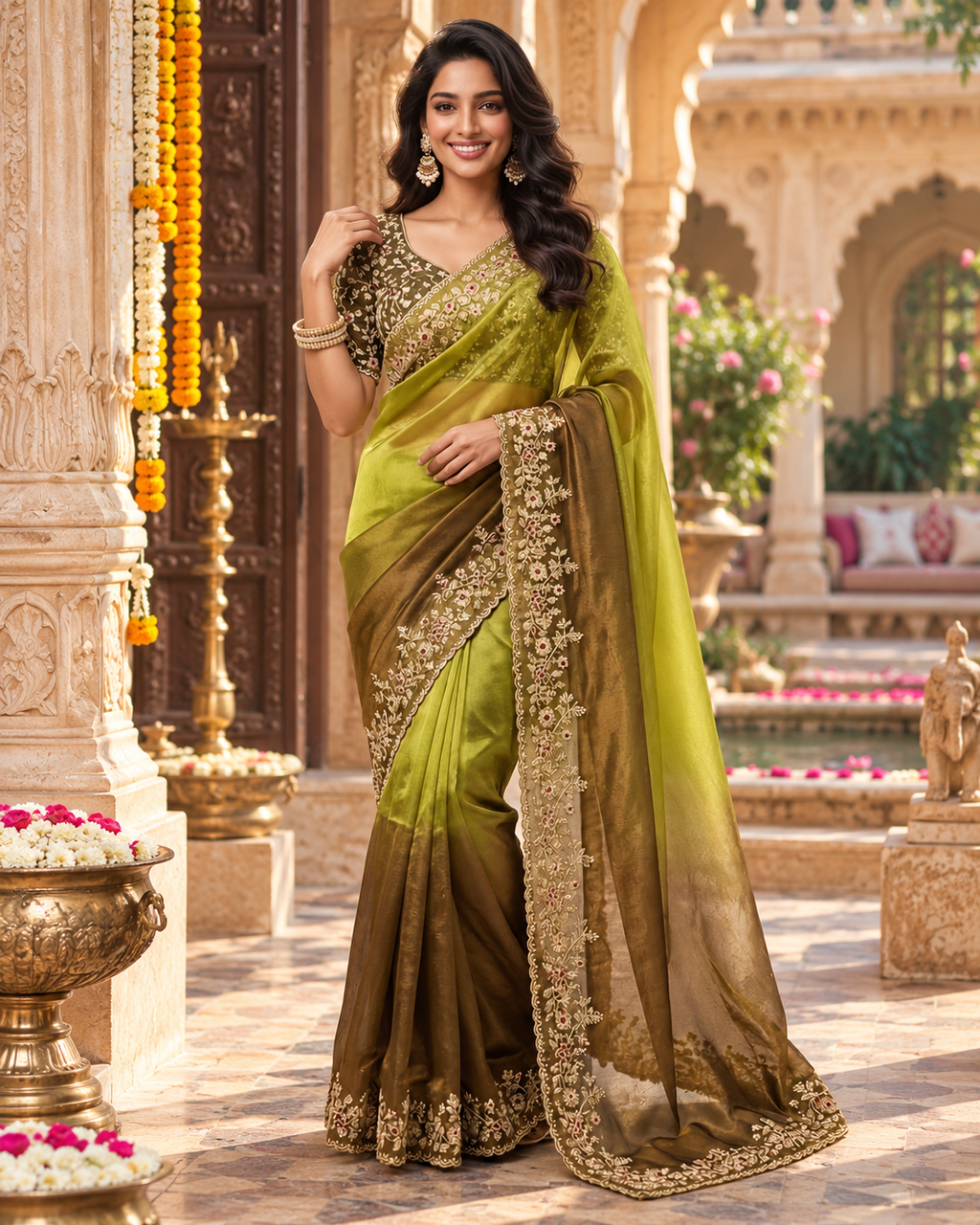 Chiffon Silk Embroidery Sequin Work Saree With Unstitched Blouse(Lime Green)