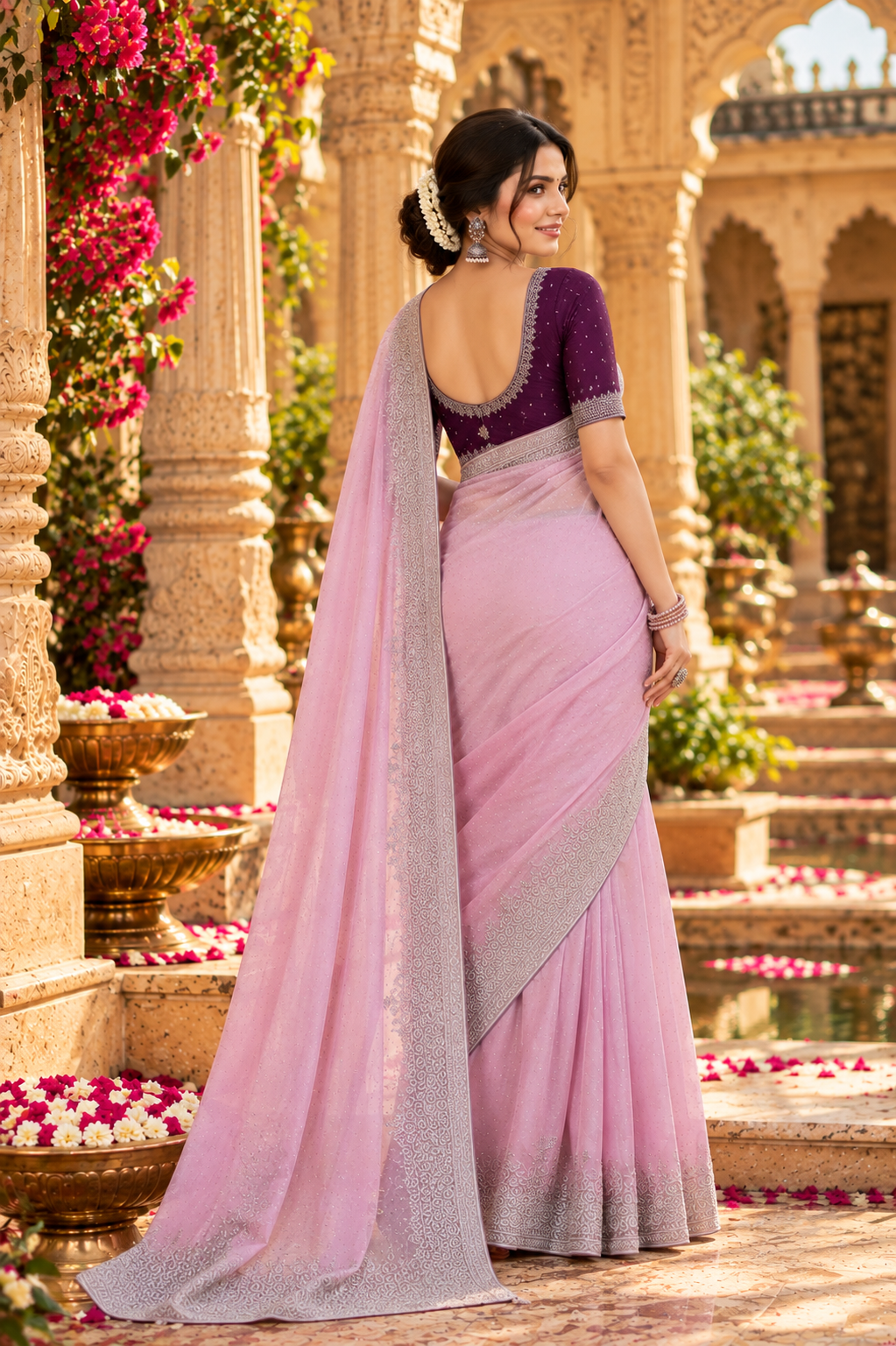 Chinon Silk Embroidery Work Saree With Unstitched Blouse(Light Pink)