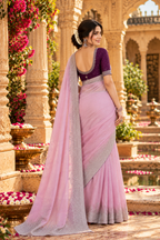 Chinon Silk Embroidery Work Saree With Unstitched Blouse(Light Pink)