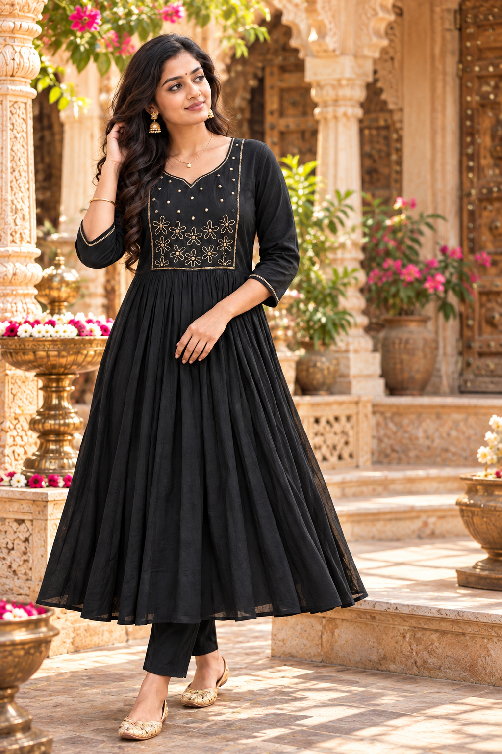 Chanderi Cotton Kurti Pant Set With Dupatta(Black)