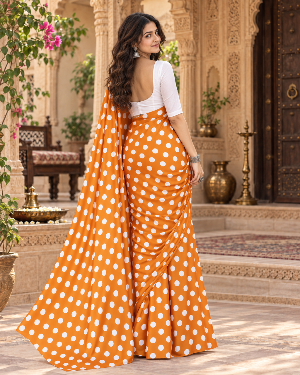 Satin Silk Printed Saree With Unstitched Blouse(Orange)