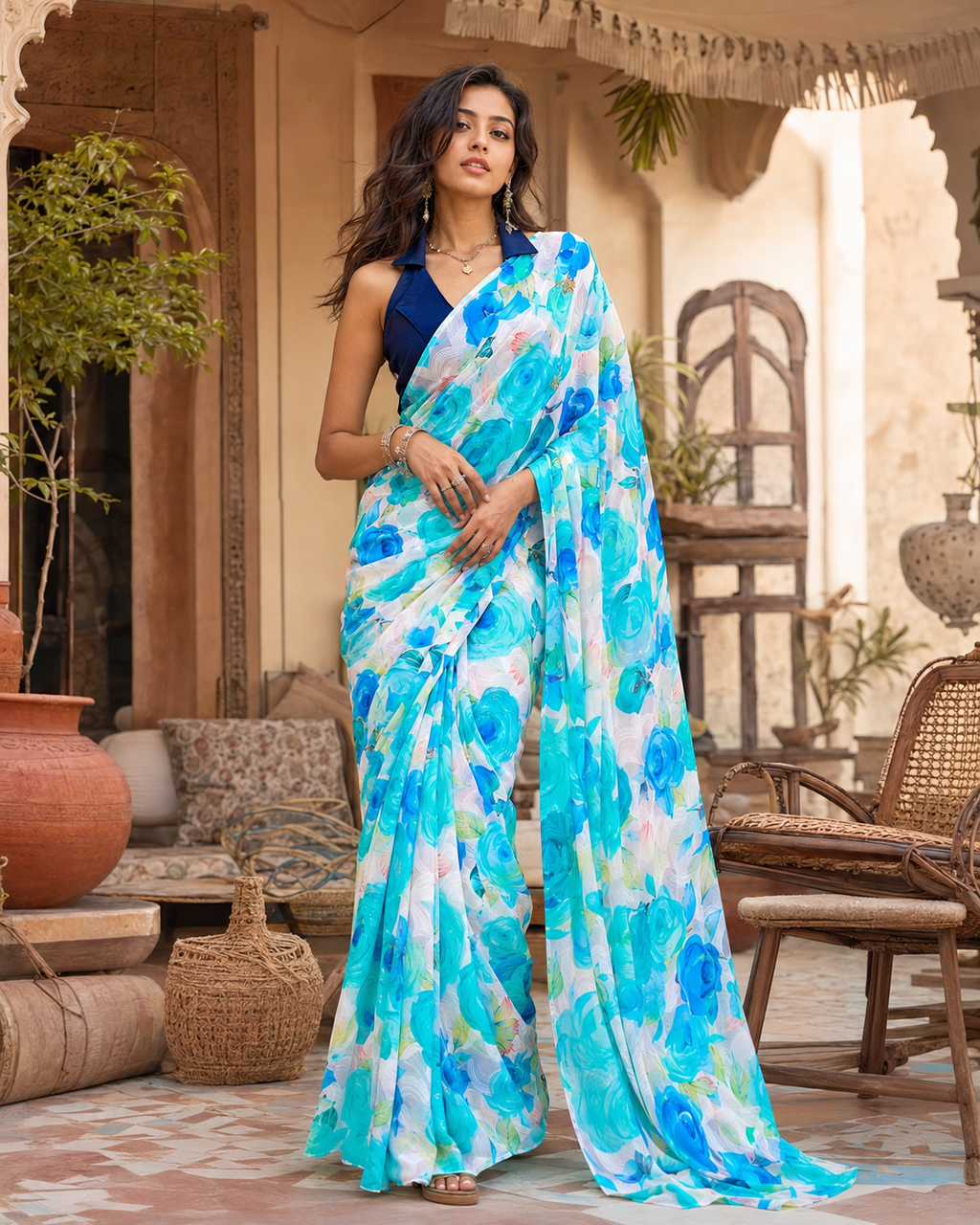 Satin Silk Floral Printed Saree With Unstitched Blouse(Blue)