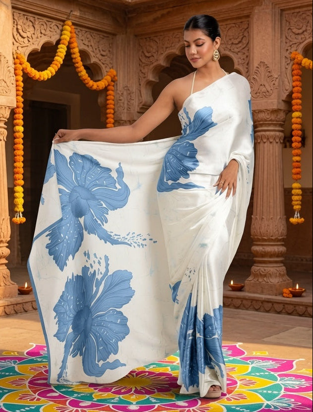 Satin silk printed saree with unstitched blouse(blue)
