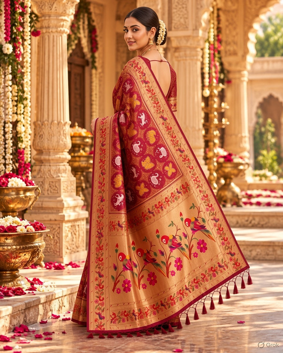 Pure Patola Paithani Silk Golden Zari Border Saree With Unstitched Blouse(Red)