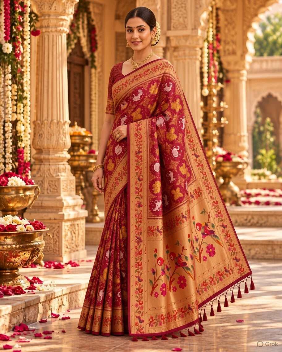 Pure Patola Paithani Silk Golden Zari Border Saree With Unstitched Blouse(Red)