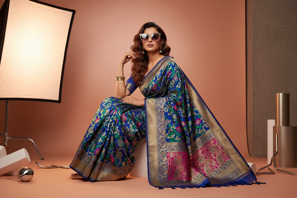 Indian model wearing saree and sunglasses and sitting with style to pose in front of the camera