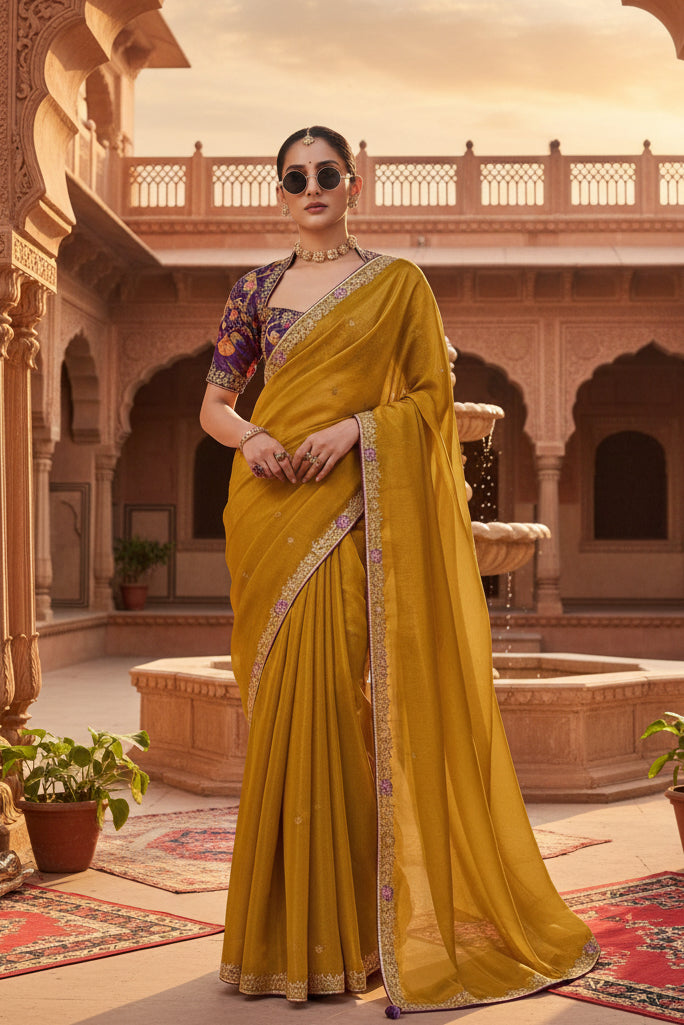 Premium Tissue Silk Embroidery Work Saree With Unstitched Blouse(Mustard)