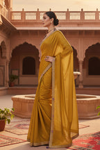 Premium Tissue Silk Embroidery Work Saree With Unstitched Blouse(Mustard)