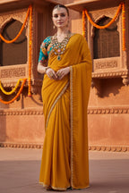 Premium Tissue Silk Embroidery Work Saree With Unstitched Blouse(Orange)