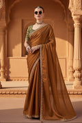 Premium Tissue Silk Embroidery Work Saree With Unstitched Blouse(Brown)