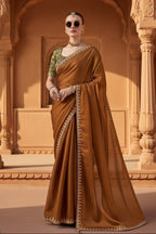 Premium Tissue Silk Embroidery Work Saree With Unstitched Blouse(Brown)