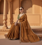 Premium Tissue Silk Embroidery Work Saree With Unstitched Blouse(Brown)
