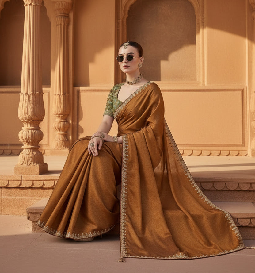 Premium Tissue Silk Embroidery Work Saree With Unstitched Blouse(Brown)