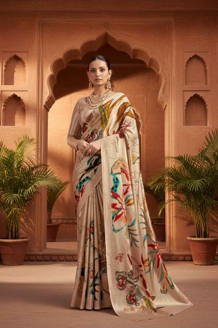 Crepe Silk Digital Printed Sarees With Unstitched Blouse(Cream)