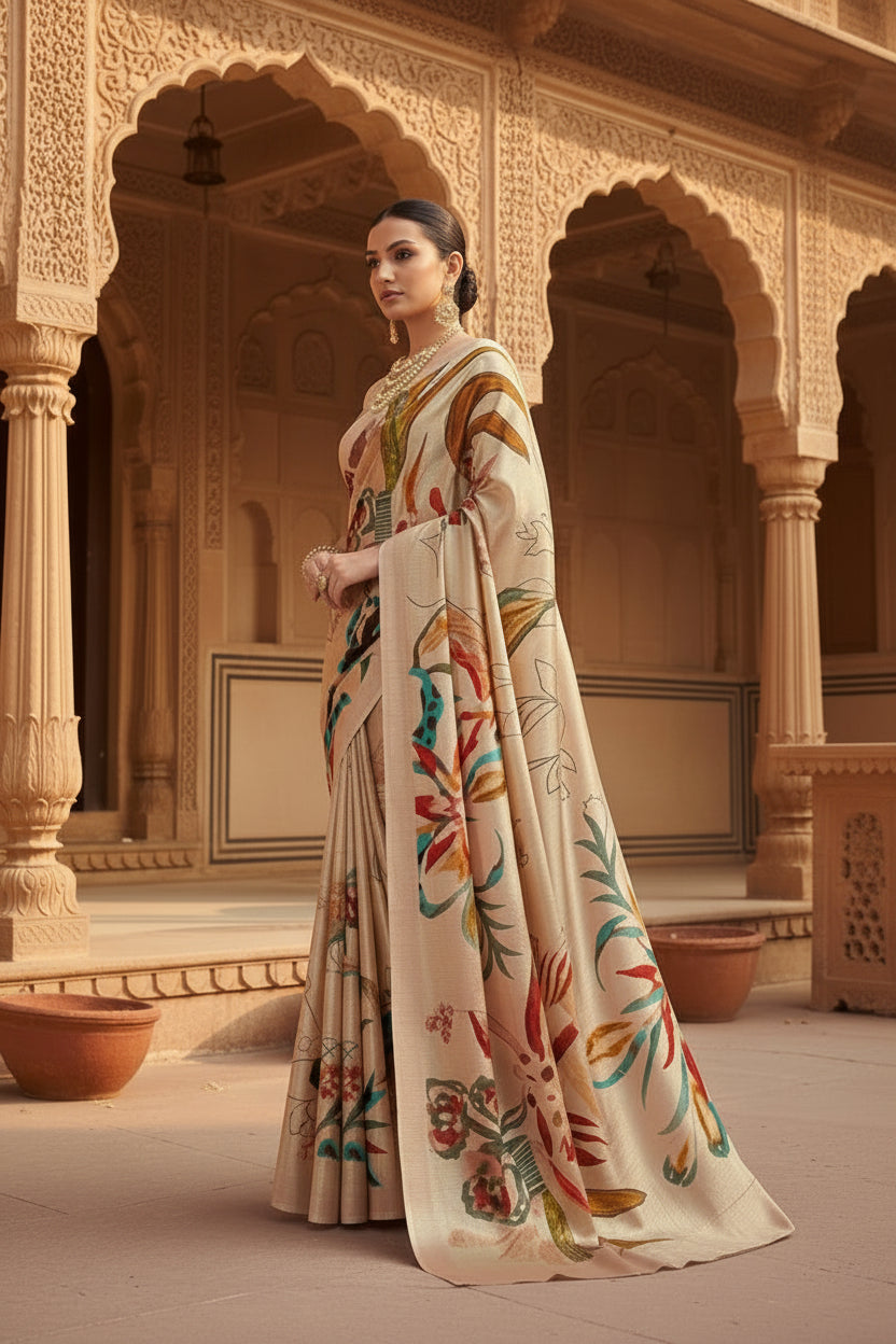Crepe Silk Digital Printed Sarees With Unstitched Blouse(Cream)