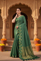 Premium Art Silk Zari Triangle Border Saree With Unstitched Blouse(Green)